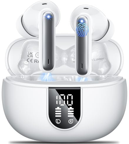 Wireless Earbuds,Wireless Headphones Bluetooth 5.3 Headphones in Ear with 4 ENC Call Noise Cancelling Mics HiFi Stereo Mini Ear Buds 42H Playtime LED Display Wireless Earphones IP6 Waterproof White