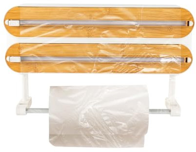 3-i-1 folieskärare, väggrullehållare kök plastfoliedispenser, köksrullehållare, väggplastfolieskärare, hängande pappersrullehållare, 37,2 x 21,3 cm (bambu, träfärg)