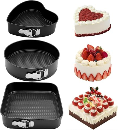 BARGAIN4ALL Lot de 3 moules à gâteau ronds et carrés en forme de chaleur de 22 cm, 24 cm et 26 cm, moules à charnière antiadhésifs amovibles – Noir