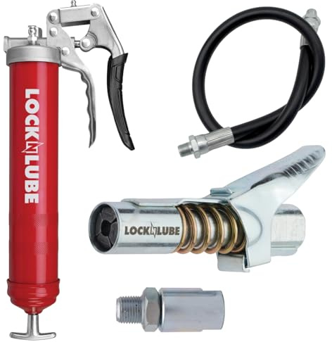 LockNLube Heavy-Duty Pistol Grip Grease Gun (Red). Includes Our Patented LockNLube® Grease Coupler (Locks On, Stays On, Won't Leak!) Plus a high-Quality 20 Hose and in-line Hose Swivel