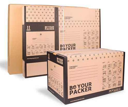 Be Your Packer | Cajas de Mudanza Pequeñas 43x30x25 cm | Cajas de Embalaje con Asas | Mudanza y Almacenaje de Libros, Ropa, Platos o Vasos | Fabricadas con Cartón Resistente en España | Pack de 10