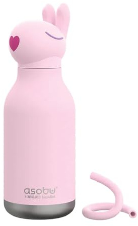 Asobu Bestie Bunny Kindertrinkflasche mit Strohhalm – Isolierte Edelstahlflasche 420ml mit Hasenkopf – Auslaufsicher & BPA-frei