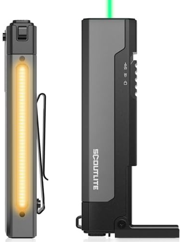 SCOUTLITE Vario GB 2000 EDC - Linterna con modos LED verde, blanco y cálido, luz de bolsillo plana magnética compacta de 2000 lúmenes, linterna de triple fuente para acampar al aire libre, inspección