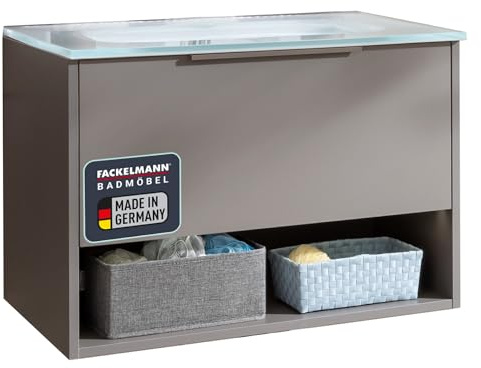FACKELMANN B.Paris Waschbecken mit Unterschrank – Elegantes Möbel-Set in Cubanit Grau, 71cm, Glasbecken, 1 Schublade, beleuchtetes Fach mit Bewegungsmelder – Made in Germany