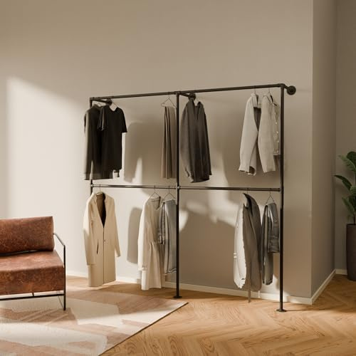 pamo Kleiderstange Wandmontage – 201 cm | 193 cm | 290 kg Traglast | Offener Kleiderschrank Schwarz I Pulverbeschichtet I Stoß- & Kratzfest I Kleiderschrank System | Montage in 35 Min
