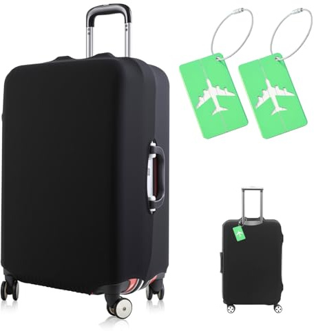 Yeria Kofferhülle Schwarz L（34~36 inch）- Kofferschutzhülle Elastisch mit 2 Grünen Aluminium Gepäckanhängern,Staubschutzhülle für Gepäck，Reisekoffer Schutzcover für Geschäftsreisen, Langzeitnutzung