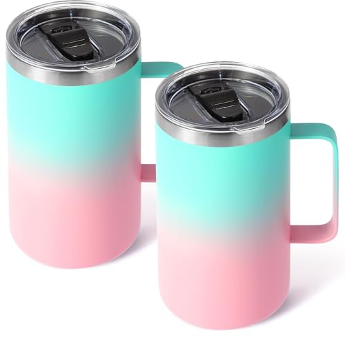 Volhoply Isolerade kaffekoppar i rostfritt stål med 700 ml (24 oz), tätt stängande lock, 2-pack, dubbelvägg vakuum resekaffekopp med handtag, campingkopp (grön rosa, 2)