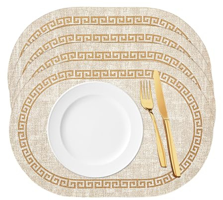 Kunstleder Platzsets Abwaschbar Wasserdicht Oval Tischsets 4er Set Hitzebeständig rutschfest Platzdeckchen Abwischbar Tischunterlage Esstisch Retro Druck für Haus und Küche Esstisch Deko (Beige-TY)
