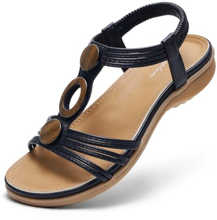 Littleplum Sandalen Damen Freizeit Flach Sandalette mit Strass Perlen Bohemia Strand Schuhe Casual Ankle Elastic Flip Flops