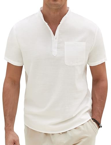 Xnova Chemise Lin Homme en Coton Chemise Homme Manches Courtes Été Henley sans Col Légère et Respirante pour Plage et Style Décontracté Chemises Boutonnées Regular Fit
