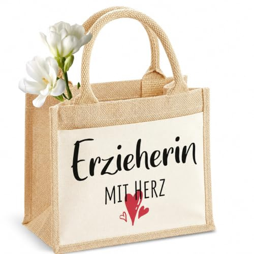 Erzieherin Geschenk Jutetasche 31,5 x 22 x 11 cm, Erzieherin mit Herz Einkaufstasche aus Jute, Abschiedsgeschenk Erzieherin für Kita Kindergarten, Erzieherin Geschenk Kindergarten Lehrerin Weihnachten