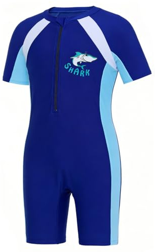 DivingBirds Boys Girls One Piece Swimsuit with UV Protection, Shark Print All-in-One Swimming Costume for Kids 3-12 Years Quick-Dry Short Sleeve Sun Suit Easy Front Zip