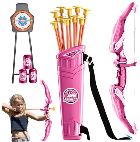 Monetais Set Arco e frecce per Bambini Set di tiro con L'Arco per Bambini in plastica LED Include e frecce, Custodia, bersagli Bottiglie Giocattoli educativi Facili da Usare per 4 Anni Rosa