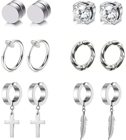 Hinvan 6 par starka magnetiska örhängen i rostfritt stål för män pojkar flickor barn guld kors fjäder ring falska icke-piercade clip-on örhängen kvinnor silver öra manschett svart allergivänlig