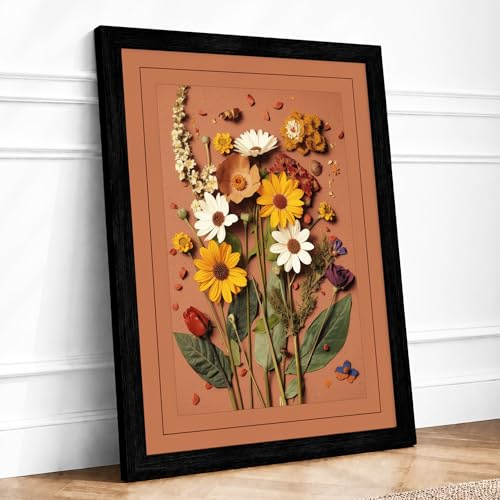 Yellow Dahlias and Daisies Botanical Framed Wall Art Print A4 Black | Ready to Hang, Premium Giclée Paper, Fade-Resistant Inks, Securely Packaged, UK Made
