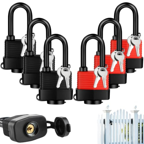 Lot de 6 Cadenas étanches avec clés identiques pour une utilisation en extérieur, Résistant aux intempéries, 4 cm de large, pour garage, clôture, cour