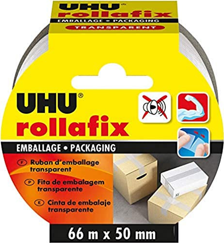 UHU Rollafix - Ruban adhésif d'emballage transparent, 66m x 50 mm