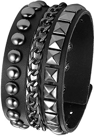 JewelryWe Schmuck Herren Breit Lederarmband Punk Rock Ahle Taper Nieten Leder Armband Armreif Manschette Biker Armband Verstellbar Schwarz/Braun