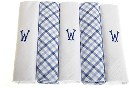 Surf the Shop Pack of 5 Mens Initial Embroidered White Handkerchiefs with Satin Border and Blue Check Handkies, Various Letters