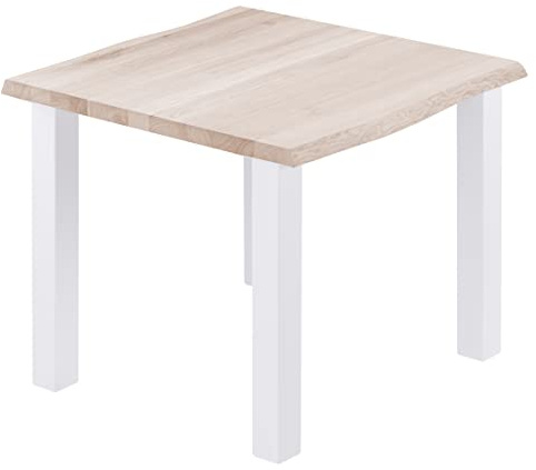 LAMO Manufaktur Esstisch Küchentisch Schreibtisch Couchtisch aus Massivholz, mit Baumkante 60x60x76 cm (AxBxH), Classic, Roh/Weiss, LBB-01-A-001-9016Cl