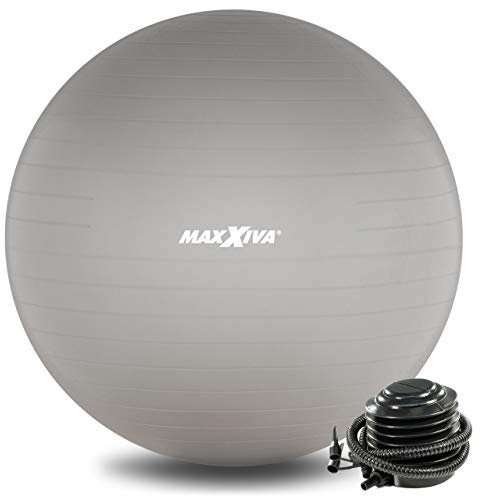 MAXXIVA® Gymnastikball Anti-Burst mit Luftpumpe bis 250 kg hautfreundlicher Sitzball Reha Hometraining Balanceball Yoga Pilates Sport Fitnessball (65 cm, Silber)