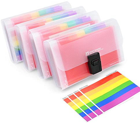 Mini Fächermappe A6 Dokumenthüllen 13 Taschen, 4 Stück Tragbar Dokumentenmappe Plastik Bunt Aktenordner Dokumenten Organizer Brieftasche mit Colored Beschriften für Zuhause oder Büro