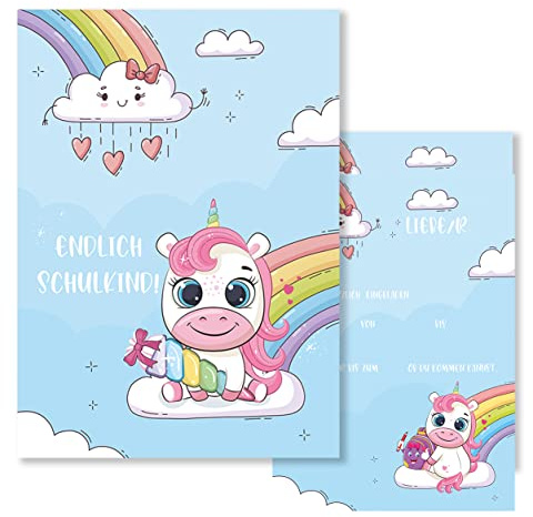 10x Einschulung Einladungskarten Einladung Kinder Mädchen Einhorn Regenbogen 10x15 cm Party Kinder Schulbeginn Schulstart Erstklässler Schulkind Erste Klasse Schulanfang