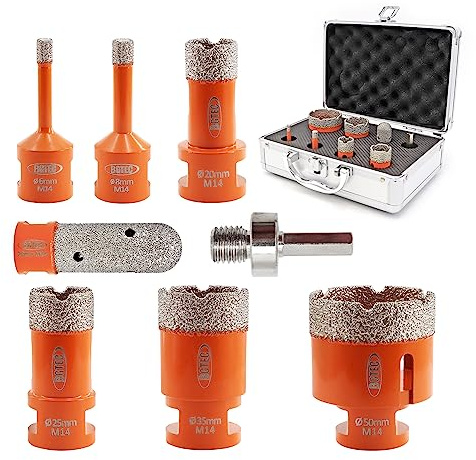 BGTEC Diamant Fliesenbohrer Set - 8 Stück (6/8/20/25/35/35/50mm+20mm Fingerbohrer + Sechskantschaftadapter) mit M14 Gewinde zum Bohren in Porzellan, Keramik, Fliesen, Granit, Marmor und Stein