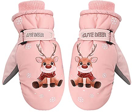 Qchomee Kids Ski Gloves Waterproof Thermal Winter Snow Snowboard Mittens Warm Dinosaur Pattern Fleece Lined Gloves for Skiing Snowboarding Toddler Girls Boys Age 4-8 Years Old (Pink)