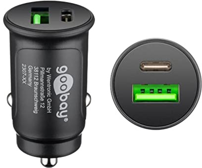 goobay 59521 2-Port Auto/KFZ Ladegerät mit USB-C PD (Power Delivery), Mini Zigarettenanzünder Dual USB Ladegerät, Pkw & LKW (12V / 24V), 27W, Schwarz