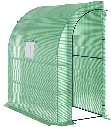Outsunny Serre d'hivernage Murale adossée Serre adossée dim. 2L x 1l x 2,15H m 4 étagères 2 Portes zippées 1 fenêtre Acier PE Haute densité Vert