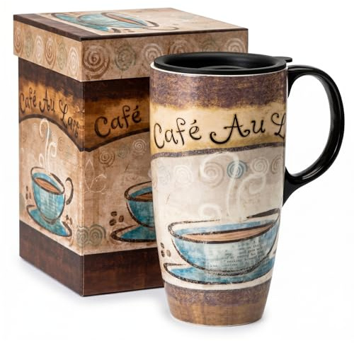 DUSVALLY Kaffe keramisk mugg porslin stor tekopp med lock och presentförpackning lattemugg, 17 oz. Café
