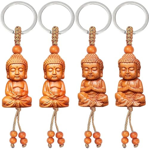 MINGZE 4 Stück Buddha Anhänger, Schnitzerei Buddha Figur Klein Glücksbringer Buddha Schlüsselanhänger DIY Autozubehör ZubehöR Glücksbringer Geschenk Deko