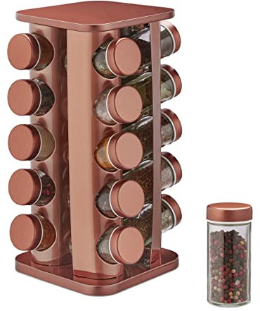 Relaxdays Gewürzkarussell, 20 Gewürzgläser, 360° drehbar, Edelstahl & Glas, HxBxT: 34 x 20 x 20 cm, Gewürzregal, kupfer
