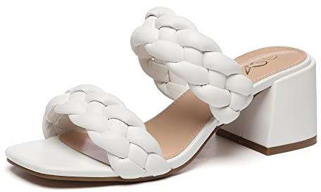 Athlefit Women's Braided Heel Sandals Square Open Toe Woven Chunky Block Low Heeled White Size 9