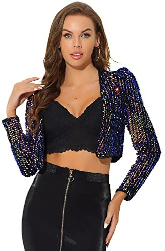 Allegra K Damen Pailletten Jacke Langarm Party Club Offen Glitzer Cardigan Kurzjacke Glitzer Bolero Orange Lila S