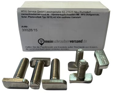 meinschraubenversand.de - Hammerkopfschrauben M10x40 25 Stück (Vollgewinde, Solar, Photovoltaik Typ 28/15) A2 V2A rostfreier Edelstahl - M10 x 40 25