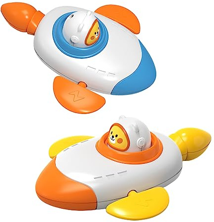 NEXTAKE Wind-up Spacecraft Bath Toy, Cool Space Rocket Boat Water Toy Wind up Space Ship Bathtub Toy Racing Car Tub Toy Rocket Craft Bath Toy (Blue+Orange)