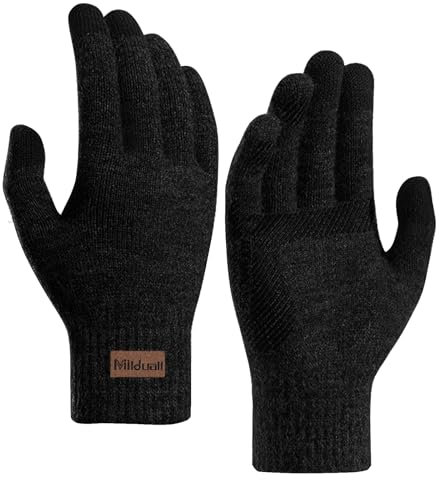 Varma vinterhandskar, stickade pekskärmshandskar halkfria termiska handskar köldsäkra vantar med förtjockad manschett för utomhuscykling vandring klättring sportcykel (Svart)