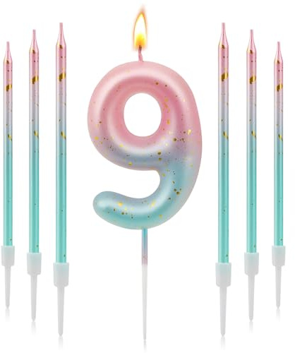 Geburtstagskerzen Zahlen 9, 3D Farbverlaufs Kerzen Geburtstag | Geburtstagskerzen Kinder Rosa Blauer Farbverlauf, Zahlenkerze für Kinder Jungen Mädchen Geburtstags Jubiläum, Kerze 9