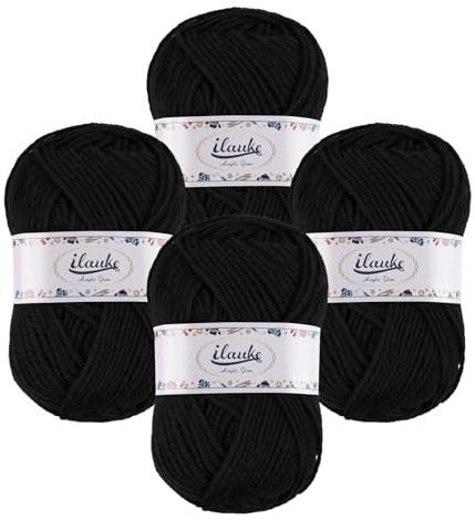 ilauke 4 gomitoli di filato per uncinetto, 50 g/gomitolo, super morbido, 100% acrilico, lana per uncinetto, colore nero, per principianti e bambini, per lavorare a maglia a mano, per uncinetto e