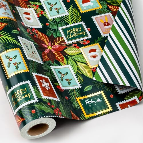 Wikadlik Rotolo di carta da regalo natalizia reversibile, 43 cm x 10 m, simpatica carta da imballaggio, motivo divertente con Babbo Natale, fiocchi di neve, strisce