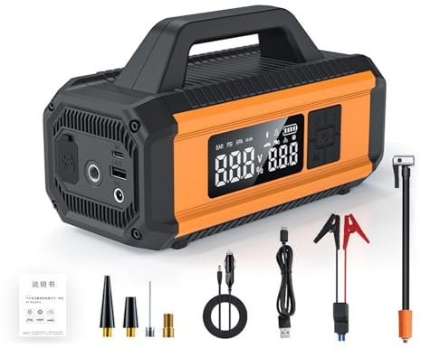 HUIOP Démarreur de voiture multifonction avec compresseur d'air portable sans fil 150 psi, pompe gonflable 10 000 mAh avec lumière LED pour voiture, SUV, camionnette, tracteur 12 V