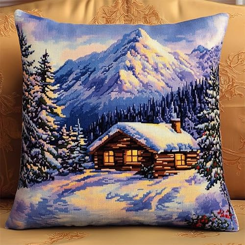 11CT Kit Per Cuscino Ricamato A Mano, capanna sulla montagna innevata Kit Per Ricamo A Croce Per Cuscino 45x45cm Cuscino Mano Ricamo Completo Kit Ricamo A Punto Croce Per Cuscino