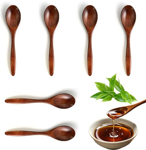 6 Pezzi Cucchiaino in Legno Naturale, 14.5cm, Mini Cucchiai da Portata in Legno, Cucchiai da Zuppa, da Minestra, per Caffè, Tè e Condimenti