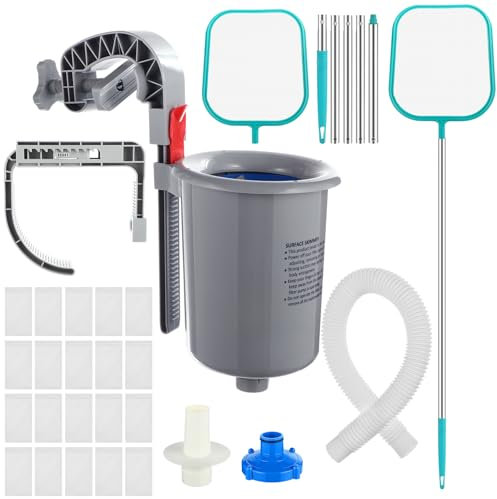 Tujoe Oberirdischer Pool-Oberflächenskimmer mit 1,5 m Laubskimmernetz und 20 Poolfiltersocken, reinigt automatisch Wandhalterung Pool Oberflächenskimmer Pool Wartung Zubehör für die Reinigung