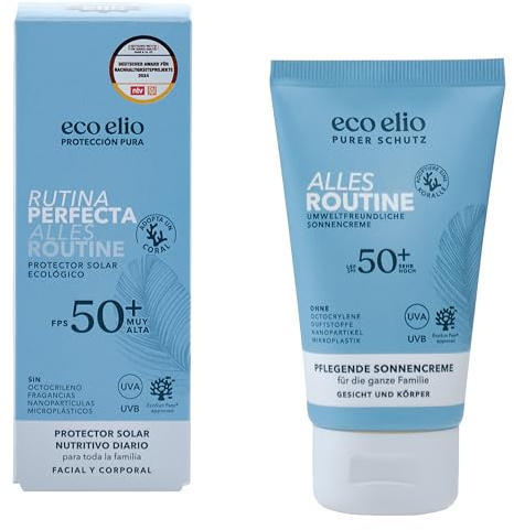 eco elio Rutina Perfecta Crema Solar SPF 50+ Facial y Corporal, Natural, Sin Octocrileno ni Perfume, Microplásticos-Free, Cosmética Eco para Familias, Piel Sensible, Uso Diario, Tamaño Viaje 75ml