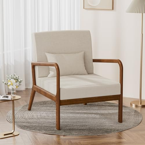 FiveWillowise Gepolsterter Sessel mit Armlehnen, Loungesessel mit Massivholzrahmen Relaxsessel für Wohnzimmer Schlafzimmer, Stoff Lehnsessel mit Lendenkissen, Ohrensessel, Polsterstuhl, Beige