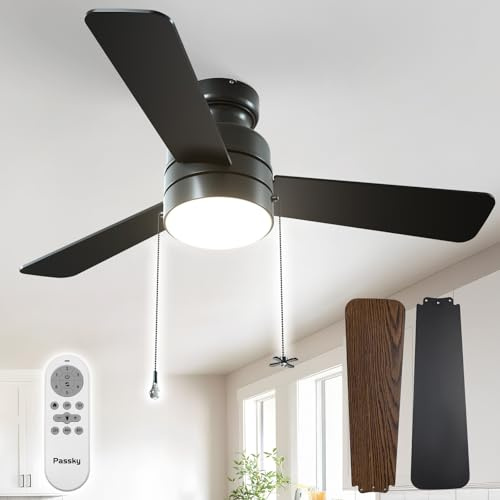 Passky Ceiling Fans with Lights, 42 inch Low Profile Ceiling Fan with Pull Chain and Remote Control, Flush Mount, Reversible, 5CCT, Dimmable, Noiseless, Black Pull Cord Ceiling Fan for Bedroom