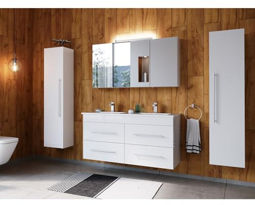 Lomadox Badmöbel Set 4-teilig mit Doppel-Waschbecken und 2 Hochschränken, in weiß inkl. Spiegelschrank mit Aufsatzleuchte